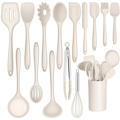 Joyfair Juego de utensilios de cocina, 15 piezas, de silicona, resistente al calor, con soporte para utensilios, antiadherente, apto para lavavajillas, color caqui
