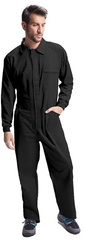 KINKIES Mono de Trabajo para Hombre con Cremallera Central y Multiples Bolsillos - Funda Laboral cómoda (Negro, L)