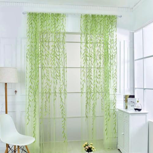 niCWhite 2pcs Willow Curtain Leaf Tulle Voile Curtains Rod-Pocket Green Sheer Curtains 39x78.7 Window Room Scarf Door Bed Drape Panels Window Treatments for Bedroom Living Room