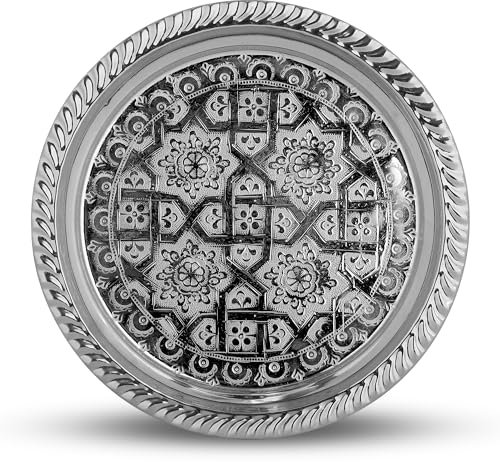 SULTAN TEA Moroccan Round Vintage Large Silver Tea Serving Tray - Luxury Stainless Steel Decorative for Coffee, Beverage, Breakfast and Dinner (23cm)