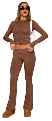OBABO Women's 2 Piece Lounge Sets Y2K Summer Short Sleeve Cropped Top Foldover Flare Pants Comfy Tracksuits (XS,Brown,Long-Sleeved)