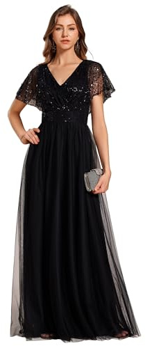 Ever-Pretty Robe de Soirée Femme Longue Paillettes Tulle Col V Manches Volantées pour Bal Promo Noir 44