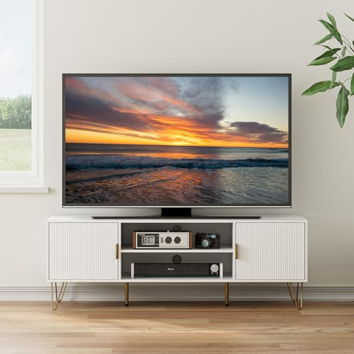 HEYZOEY TV Schrank, Lowboard für TV bis 65 Zoll, 2-türiges TV Board mit Schränken für Wohnzimmer (Weiß, 137 x 38 x 48 cm)