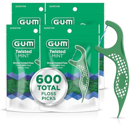 GUM Twisted Mint Floss Picks - Twisted Threads, Shred-Resistant Floss, Easy Grip Handle, 150 Count (Pack of 4) 600 Total