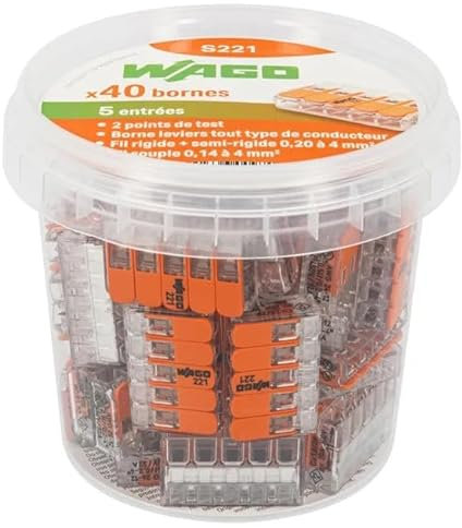 40 pièces Wago S221-415 bornes de raccordement 5 fils - 5 entrées avec levier 0,20 à 4 mm² (1 Pot de 40 mini bornes)