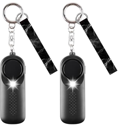 Lot de 2 alarmes personnelles - 130 dB - Porte-clés de sécurité avec lumière LED - Alarme de poche pour femme avec 2 dragonnes - Alarme d'autodéfense - Pour femmes, personnes âgées, enfants - Noir