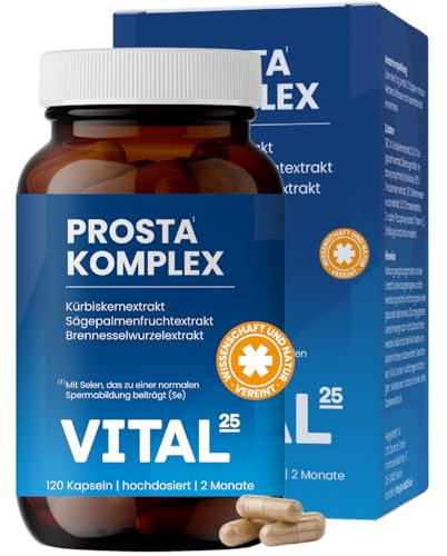 Prosta Komplex Kapseln im Braunglas - hochdosiert mit Sägepalmenextrakt, Brennnessel, Kürbiskern, OPC, Lycopin, Vitamin E, Zink, Selen - vegan - 120 Kapseln für 2 Monate von Vital25®