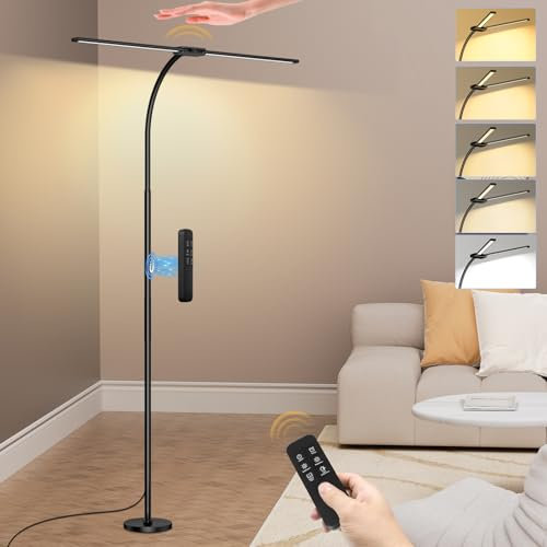 Woputne LED Floor Lamp with Remote & Gesture Control, 5 Colour Temperatures & 10 Brightness, Dimmable Standing Reading Lamp, Flexible Gooseneck for Living Room, Bedroom, Home Office, Study Lamp