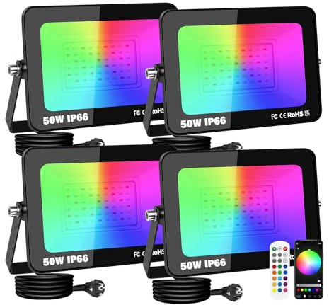 RIGIDON 4 x Foco LED Exterior RGBW, 50W 5000LM foco inteligente LED con APP control, Proyector LED Cambio de Color Impermeable IP66 Luz de Inundación RGB con Enchufe para Fiesta, Terraza, Jardin