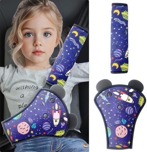 QUNXON Bälteskudde barnset, justerbar bälteskudde bil, midja bälteskudde, avtagbart bältesskydd för barn, axelskydd, bältesskydd för mer komfort på resan (Space Blue)