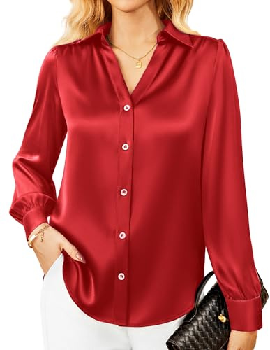 GRACE KARIN Womens Satin Silk Blouse Button Down Shirts Long Sleeve Blouse Casual Work Office Tops Red XXL