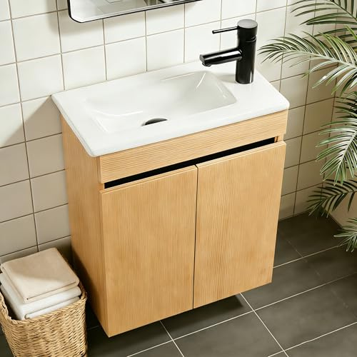 NUESTRA VIDA Mueble de Baño Pequeño Compact Suspendido 51×27×60 cm, Lavabo con Mueble bajo Lavabo en Roble/Blanco, Conjunto de Mueble de baño, para Invitados, Sin Grifo