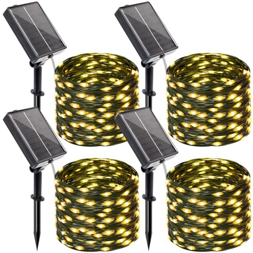 btfarm Lot de 4 Guirlande Solaire Exterieu avec Minuterie, 10M 100 LED Guirlande Lumineuse Exterieure Solaire 8 Modes IP65 Étanche pour Jardin Terrasse Cour Noël Mariage Fête, Blanc Chaud