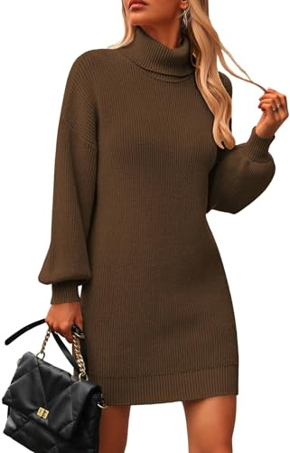 Zeagoo Vestito Donna Invernale Abito a Maglia Elasticizzato Mini Abito Manica Lunga Elegante Vestiti Marrone L