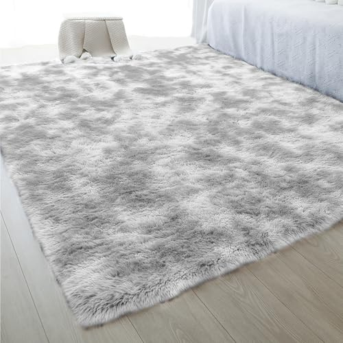 MeYuxg Tapis à poils longs moelleux, 120 x 160 cm, antidérapant, lavable, moderne, doux, moelleux, pour salon, chambre à coucher, chambre d'enfant (gris clair)
