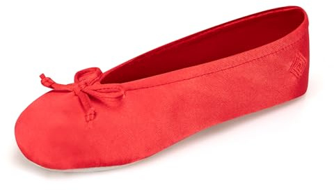isotoner Women's Satin Ballerina Slippers with Soft Tie Bow and Suede Sole, Sriracha, LG