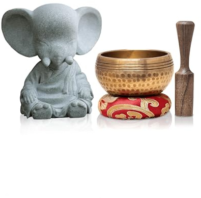 Tibetan Singing Bowl Set – Handcrafted Meditation Bowl from Nepal with Cushion, Wooden Striker & Elephant Figurine –Authentic Nepal Sound Meditation Bowl Small Chakra Sound Healing Gift
