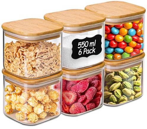 ComSaf 550ml Glass Jars with Lids Set of 6, Square Storage Containers with Bamboo Lid, Small Storage Jar with Lid Airtight, Spice, Herb, Tea Coffee and Sugar Canister Set for Kitchen