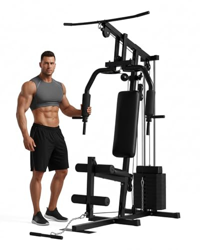 Home Gym Machine with 100LB Weight Stack, Multifunctional Full Body Workout Station for LAT Pulldown, Chest Press, Leg Extension & Strength Training, Compact Fitness Equipment for Home Use