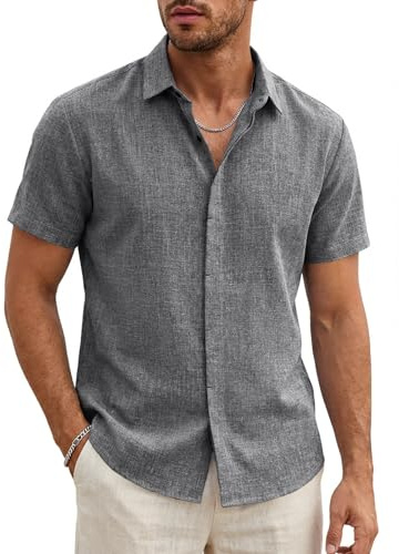 Runcati Chemise pour homme à manches courtes en lin légère - Chemise d'été pour homme - Coupe droite - Chemise pour mariage, bureau, plage, décontractée - Chemise décontractée unie basique, Gris foncé