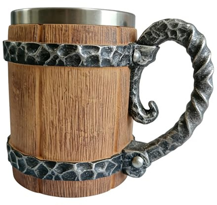 Pengrity Boccale Birra Vichingo di Legno, 600ml Boccale da Birra, Vintage Boccali Birra in Acciaio Inox, Taverna Medievale per Bar, Ristorante, Decorazione per la Casa