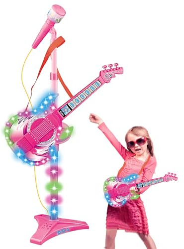 Guitar and Microphone Set for Kids - Kids Guitar Toy | Musical Instruments for Boys and Girls | Pink Electronic Rock Play Set, Adjustable Height Stand, Colorful Light, for 3 To 8 Year Old Girls Gift