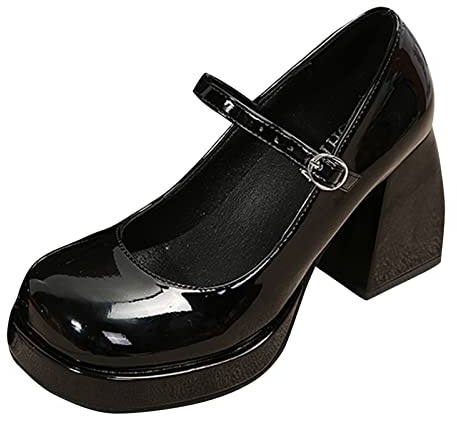 Mary Jane Women's Leather Lacquer Platform Low Heel Ceremonies, Black, 8 UK