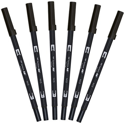 Tombow ABT-N15-6P fiberpenna dubbla borstar penna med två spetsar, [6 stycken] svart