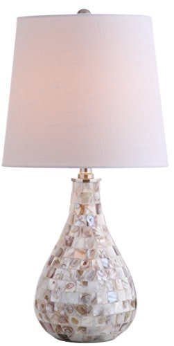 JONATHAN Y 20.5 Seashell Coastal Mini LED Table Lamp for Living Room Office, White Linen Drum Shade, Modern Mother of Pearl Bedside Nightstand Lamp, LED Bulb Included JYL1024A