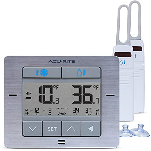 ACURITE Digital Wireless Fridge and Freezer Thermometer with Alarm and Max/Min Temperature for Home and Restaurants (00515M), Stainless Steel Finish, 4.25 x 3.75