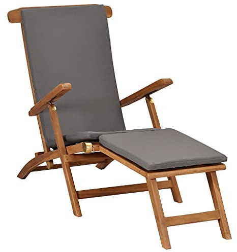 vidaXL Teak Massiv Liegestuhl mit Auflage Klappbar Sonnenliege Gartenliege Deckchair Gartenmöbel Holzliege Relaxliege Liege Dunkelgrau