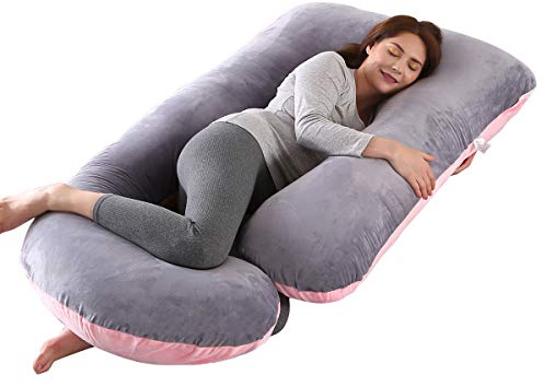 SHANNA Cuscino gravidanza per dormire, Cuscino allattamento e gravidanza, grande a forma di U e supporto premaman con rivestimento in velluto sostituibile e lavabile (Rosa e Grigio-Velluto)