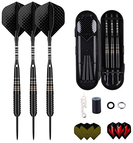 sanfeng Dartpfeile mit Metallspitze, 3 Stück 23 Gramm Steeldarts, Steel Darts Pfeile mit Aluminum Schafts 9 Flights,50 Anti-Lose Gummiringe 12 Spring Rings 1 Dart Tool Sharpener