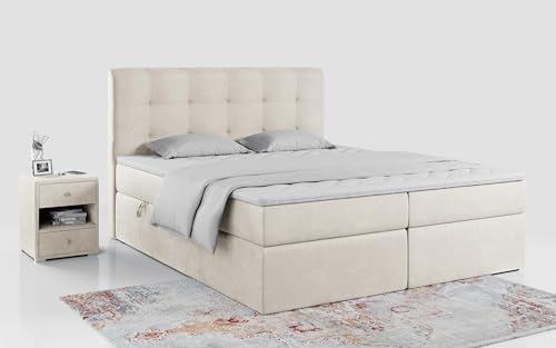 MKS MEBLE Boxspringbett mit Matratze, Bett mit Multipocket - Matratze und Topper, Polsterbett mit Bettkasten und Kopfteil, ERNI (180x200 cm, H3 Beige, Velvet)