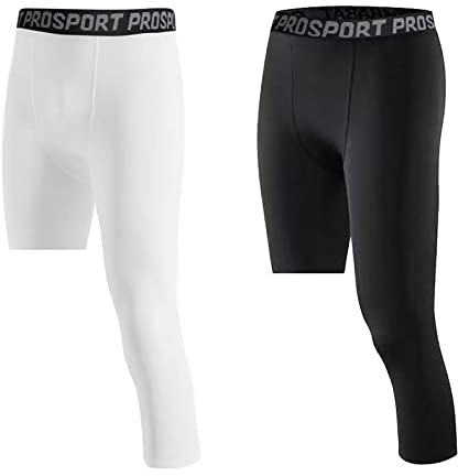 Hongyuangl Laufleggings für Herren, 1er oder 2er Pack, 3/4 Einbein Kompression Capri Strumpfhose, Cool Dry Gym Strumpfhose Compression Base Layer Sporthose Unterwäsche, Schwarz Weiß-links, M
