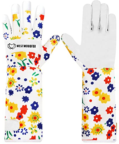 WESTWOOD FOX Guanti da giardinaggio in pelle, maniche lunghe di protezione per avambraccio, guanti da lavoro a prova di spina, potatura delle rose, sicurezza da giardino, traspirante ( (S, Bianca)