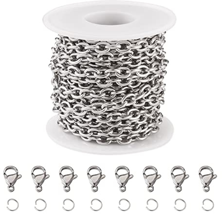 PandaHall Cadena de cable de acero inoxidable de 5 m, cadenas ovaladas gruesas a granel con 10 cierres de pinza de langosta, 20 anillos de salto para hacer collares y joyas
