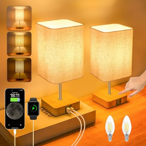 Touch Control USB Table Lamp, Dimmable Nightstand Lamps with USB Charging Ports, Small Touch Lamp with Wood-grain Base & Fabric Shade for Bedroom, Living Room, Children's room, Bulb Included, 2 Pack