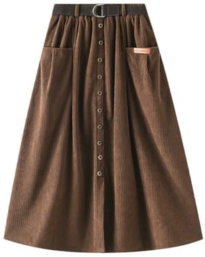 TDEOK Falda larga de pana para mujer, cintura alta, acampanada, falda de cadera, café, Talla única
