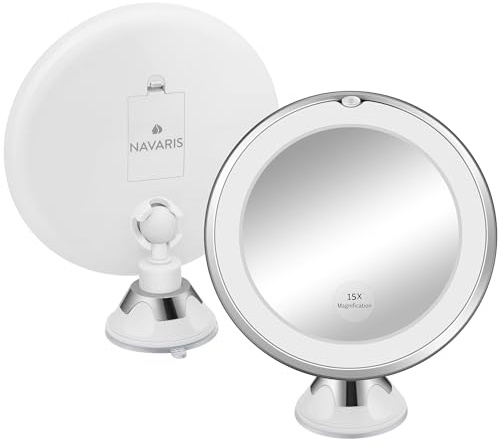 Navaris LED-sminkspegel med belysning, förstorad med sugkopp, 360° roterbar, 15x rakhyvel, manuell