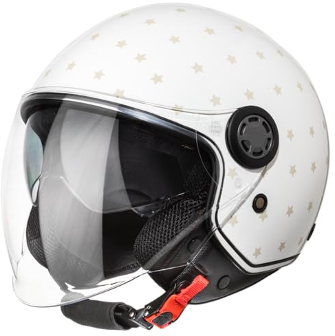 VINZ Milford Jethelm mit Doppelvisier | Roller Helm Fashionhelm mit Sternen | In Gr. XS-M | Jet Helm mit Sonnenblende | ECE 22.06 Zertifiziert | Motorradhelm mit Visier - Weiß