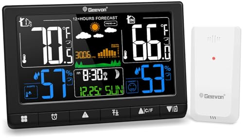 Geevon Weather Stations Wireless Indoor Outdoor with Atomic Clock, Color VA Display Digital Temperature Humidity Monitor with Barometer, Comfort Indicator, and Adjustable Backlight