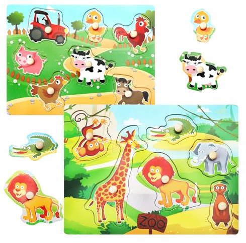 HENGBIRD 2 Stück Holzpuzzle Kinder, Steckpuzzle Holz, Holzpuzzle Holz Puzzle, Bauernhof Dschungeltiere Holzspielzeug, Montessori Lernspielzeug für Baby Junge Mädchen