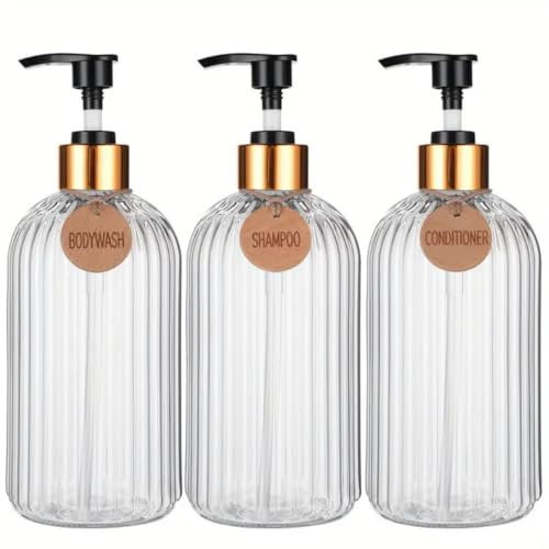 Dispensador Jabon Baño | Set de 3 Botes para Gel Champu y Acondicionador 500ML con 3 Colgantes de bambú | Este Dosificador Jabon Baño Estilo Transparente es Elegante y Realzará el Estilo de tu hogar