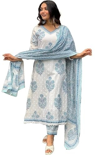 Sambhav Quilt Hub kvinnor bomull indigo handblock tryckt kurta byxa med Dupatta