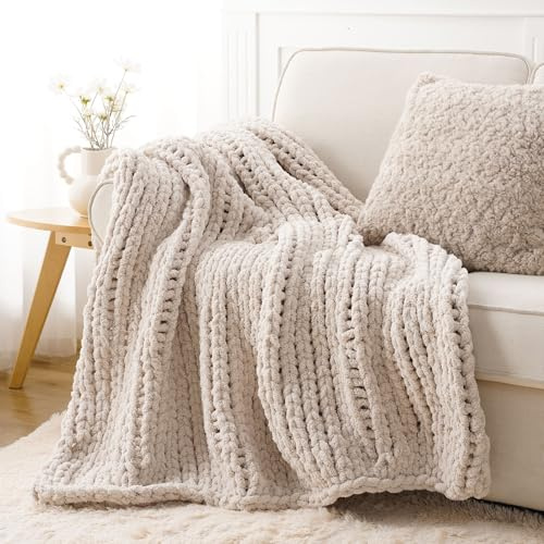 Battilo Chunky Knit Blanket Throw Taupe Tan Knitted Sofa Throw 125x150cm | Handmade Cable Knit Crochet Blanket, Soft Thick Large Chenille Rope Knot Blankets for Bed Home Decor