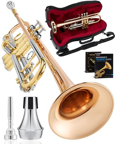 AKLOT Tri-Metallic Artistry Bb Trumpet: Phosphor Bronze Bell, Smooth Monel Valves, Double-Bar Support System, Includes Premium Leather Case, Lesson Book, 7C Mouthpiece, Mute, Cleaning Kit (SNR-PriFTG)