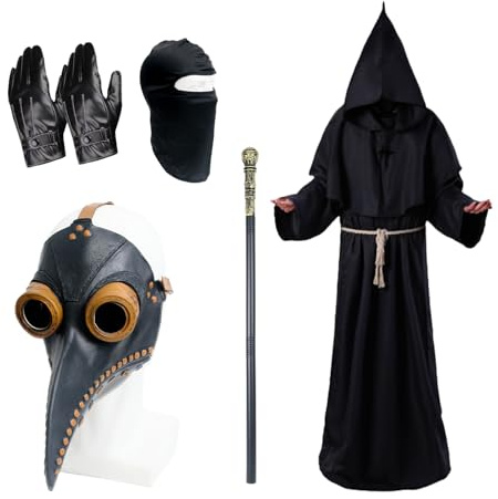 Plague Doctor Halloween Costume, Long Nose Beak Mask Adult Plague Doctor Mask Priest Robe Scepter Cross Necklace Belt Leather Gloves Balaclava Halloween Carnival Fancy Dress Cosplay Costume