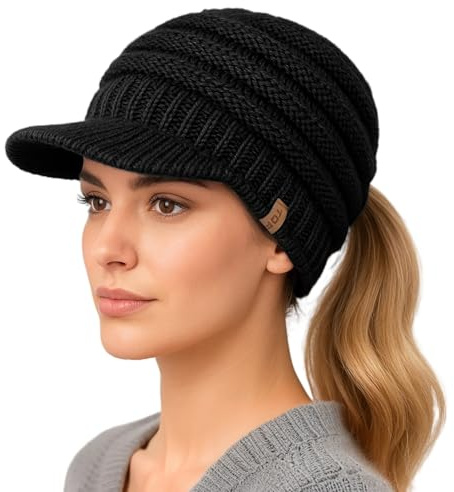 TOP-EX Chicpony™ Bonnet à visière en laine islandaise pour femme avec cache-queue tricoté, doublé en polaire, bonnet d'hiver chaud, Taille unique
