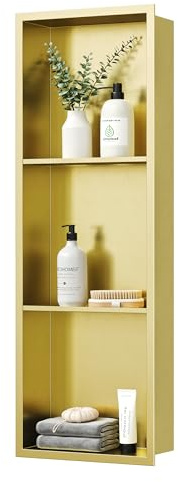 Neodrain Stainless Steel Shower Niche, NO Tile Needed Recessed Shelf for Bathroom Storage, 3-Tier Recessed Built-in Wall Niche（12X36Inch，Gold）